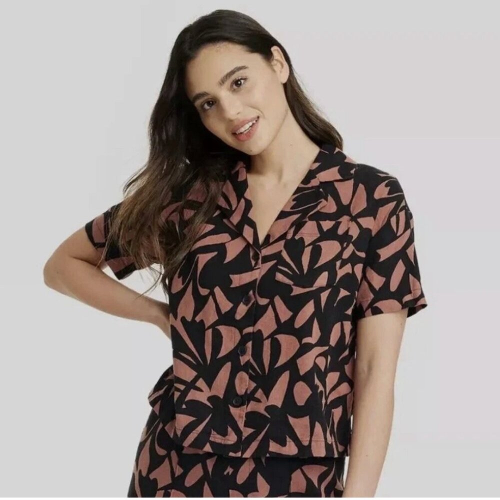 Clay & Black Camp Collar Button Up Linen Blend Shirt